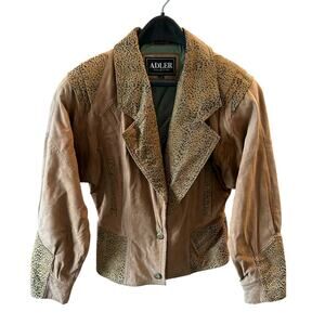 Vintage Adler Collection Animal Print Trim Button Leather Jacket Womens Medium